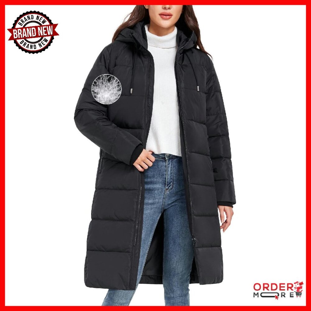 Women's Long Down Puffer Coat With Duck Down Filling & Adjustable Hood